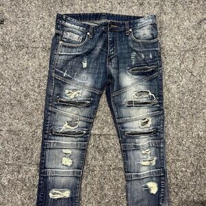 Focus Jeans Mens Blue Distressed Moto Biker Slim Tapered Zipper Denim 36x32